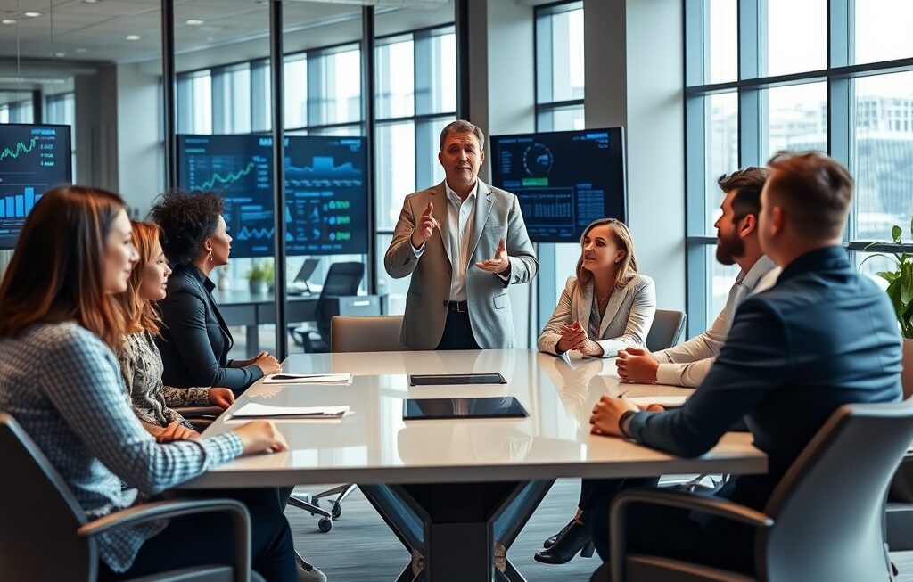 A CEO speaking to a diverse team in a modern office