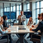 A CEO speaking to a diverse team in a modern office