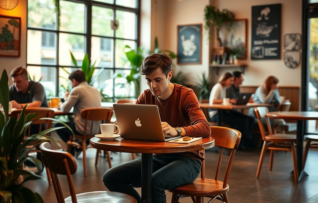 A freelancer working remotely from a laptop in a café