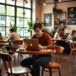 A freelancer working remotely from a laptop in a café