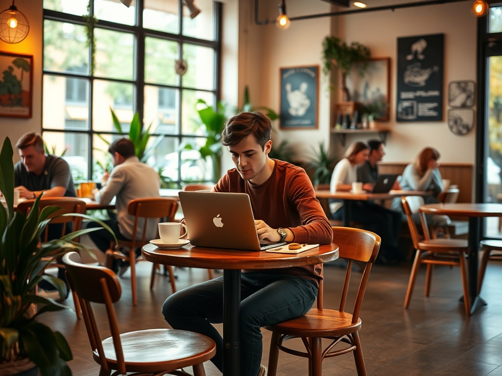A freelancer working remotely from a laptop in a café