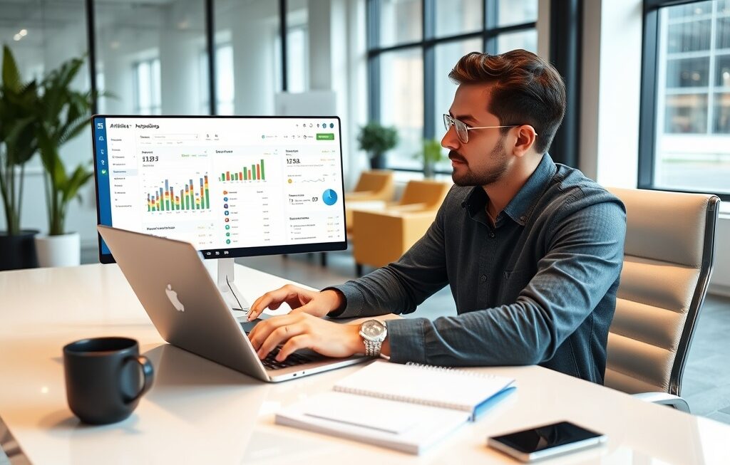 A marketer analyzing affiliate dashboard metrics on a laptop