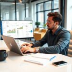 A marketer analyzing affiliate dashboard metrics on a laptop