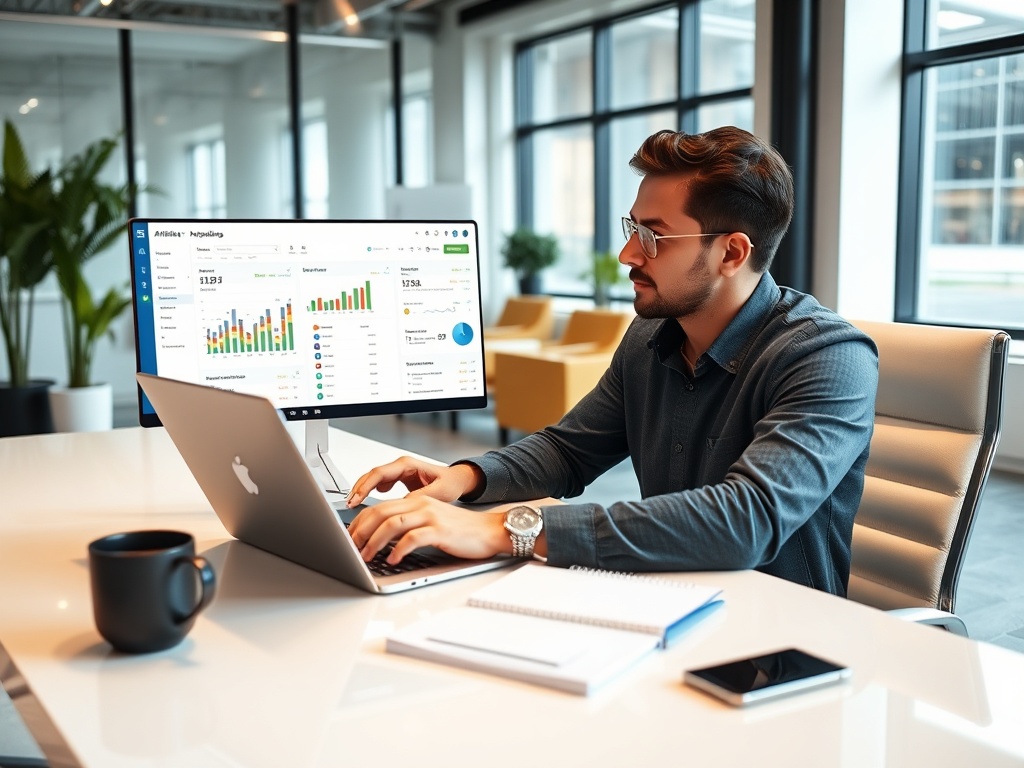 A marketer analyzing affiliate dashboard metrics on a laptop