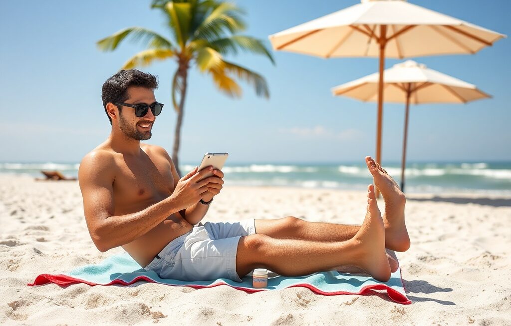 A relaxed person on the beach using a tablet