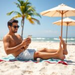 A relaxed person on the beach using a tablet