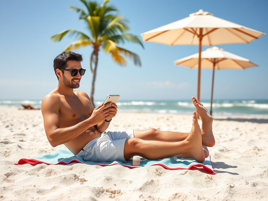 A relaxed person on the beach using a tablet