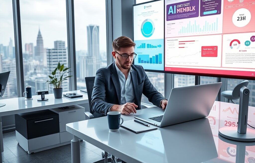 An entrepreneur using AI tools on a laptop in a digital workspace
