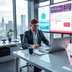 An entrepreneur using AI tools on a laptop in a digital workspace