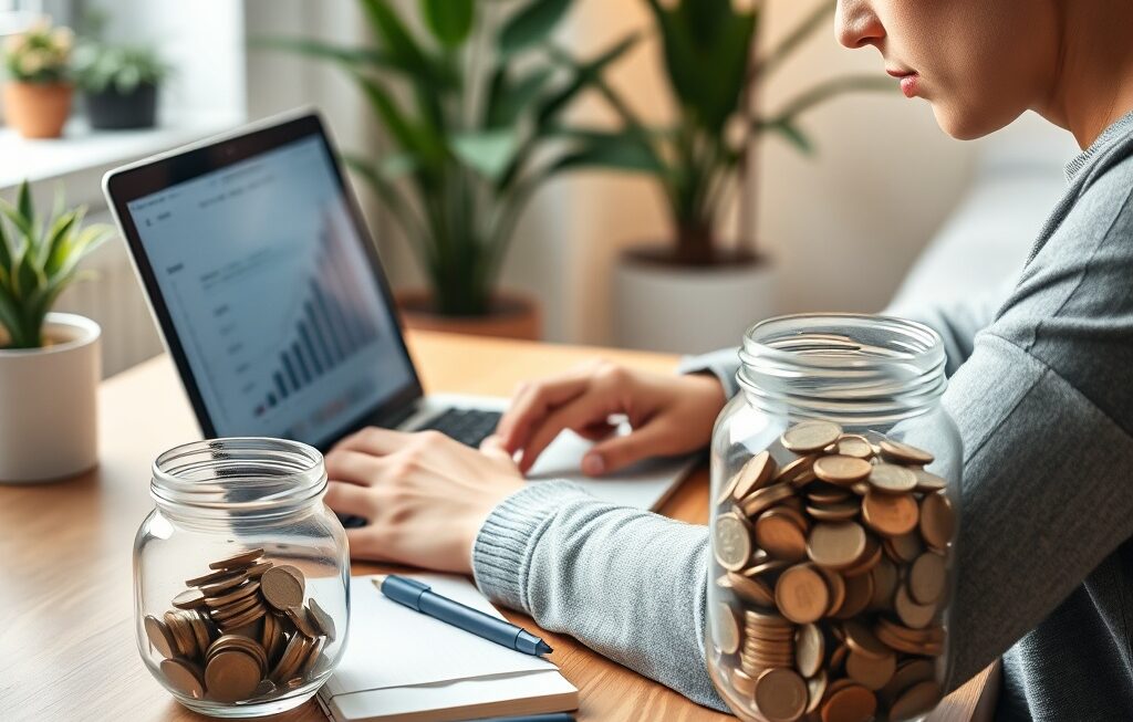 Person managing budget on laptop with savings jar nearby.