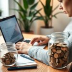 Person managing budget on laptop with savings jar nearby.