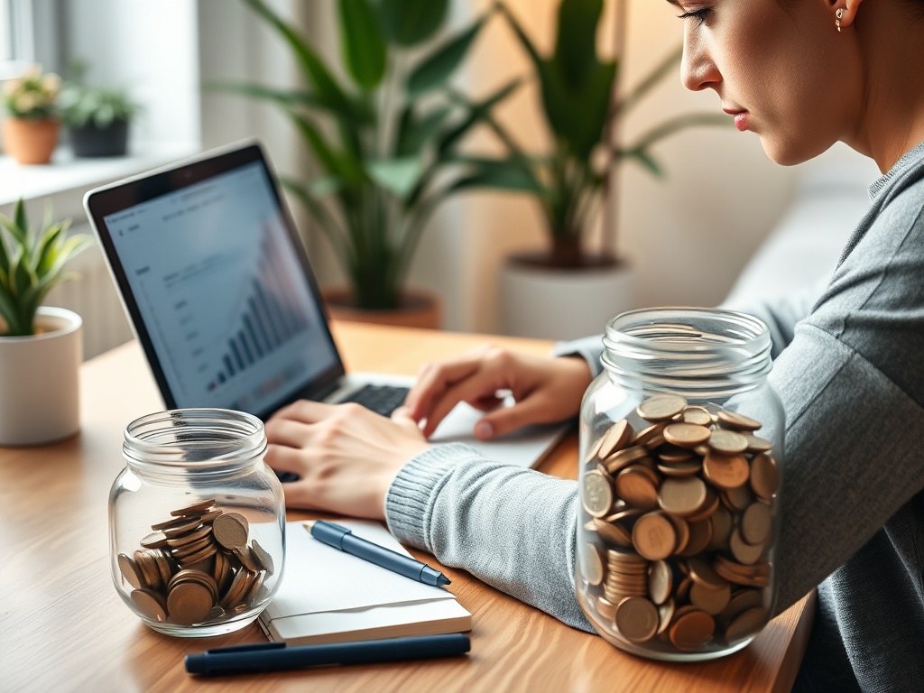 Person managing budget on laptop with savings jar nearby.