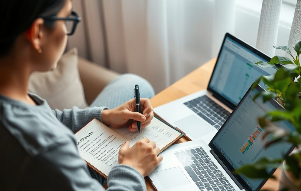 Person reflecting on finances with a journal and laptop open