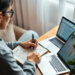 Person reflecting on finances with a journal and laptop open