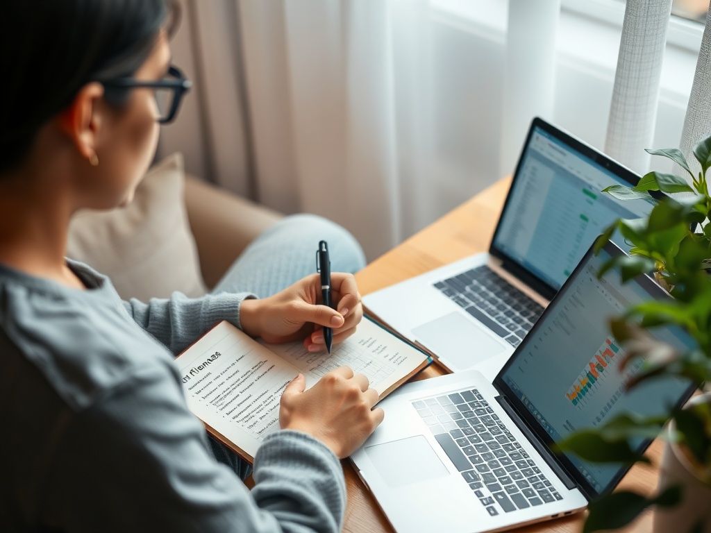 Person reflecting on finances with a journal and laptop open