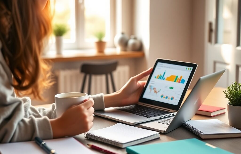Person using a budgeting app while enjoying coffee at home