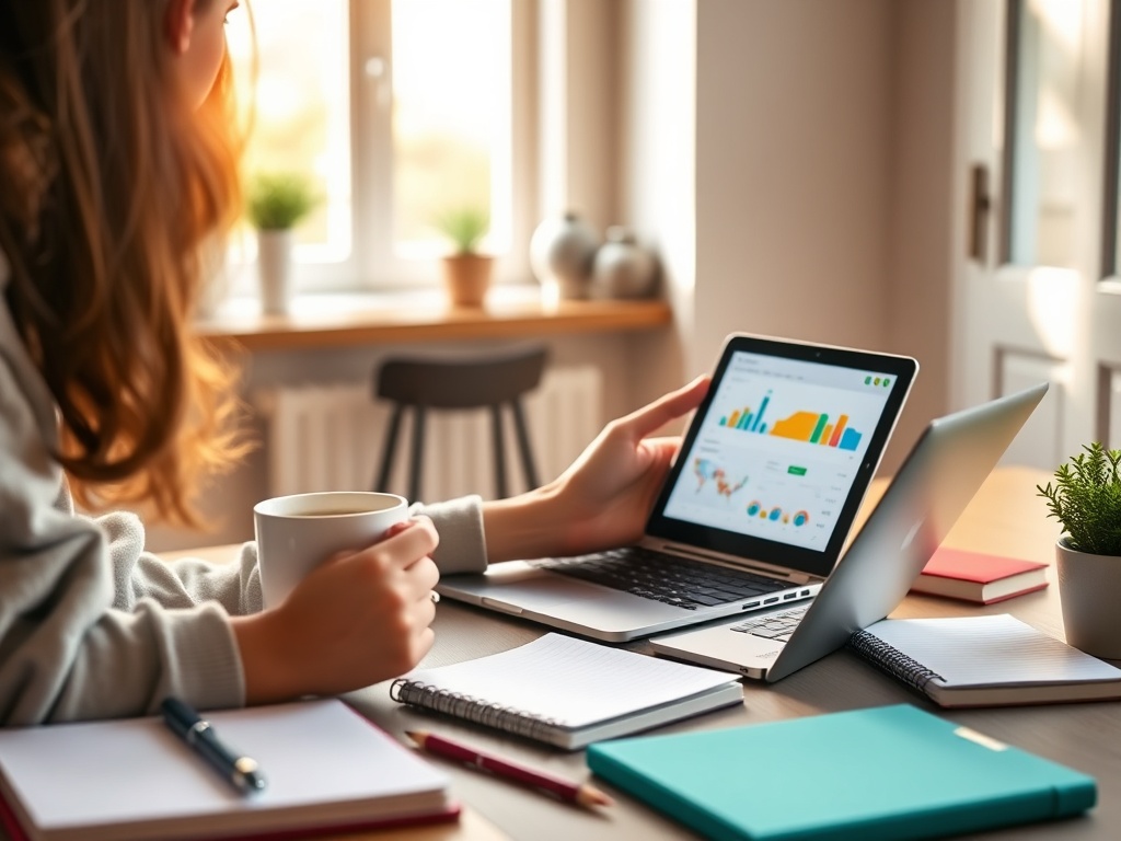 Person using a budgeting app while enjoying coffee at home