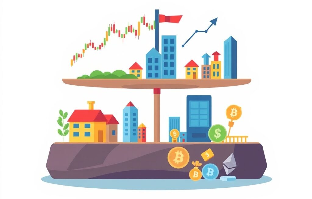 Illustration of a balanced investment portfolio showing stocks, real estate, ETFs, and crypto assets