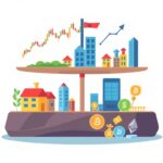 Illustration of a balanced investment portfolio showing stocks, real estate, ETFs, and crypto assets