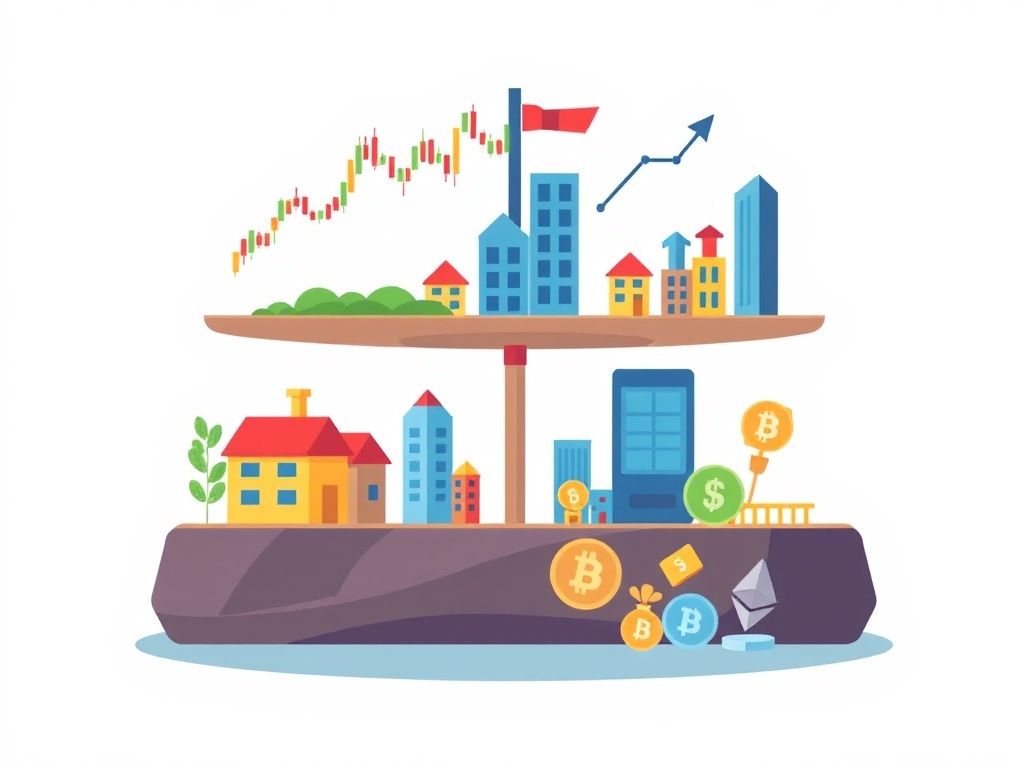 Illustration of a balanced investment portfolio showing stocks, real estate, ETFs, and crypto assets