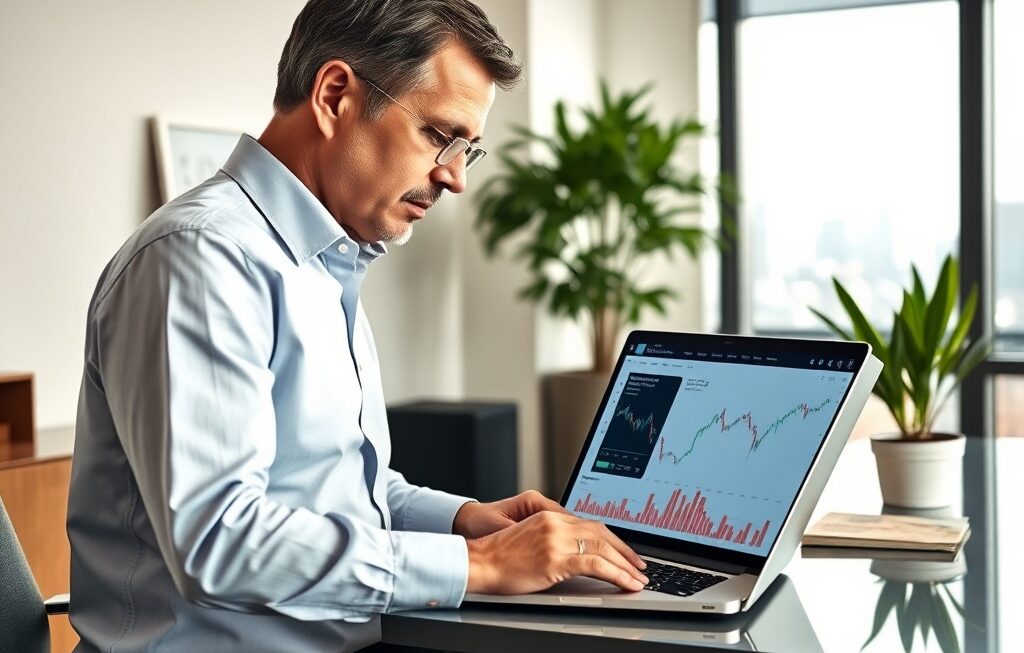 Investor looking at long-term portfolio charts on a laptop