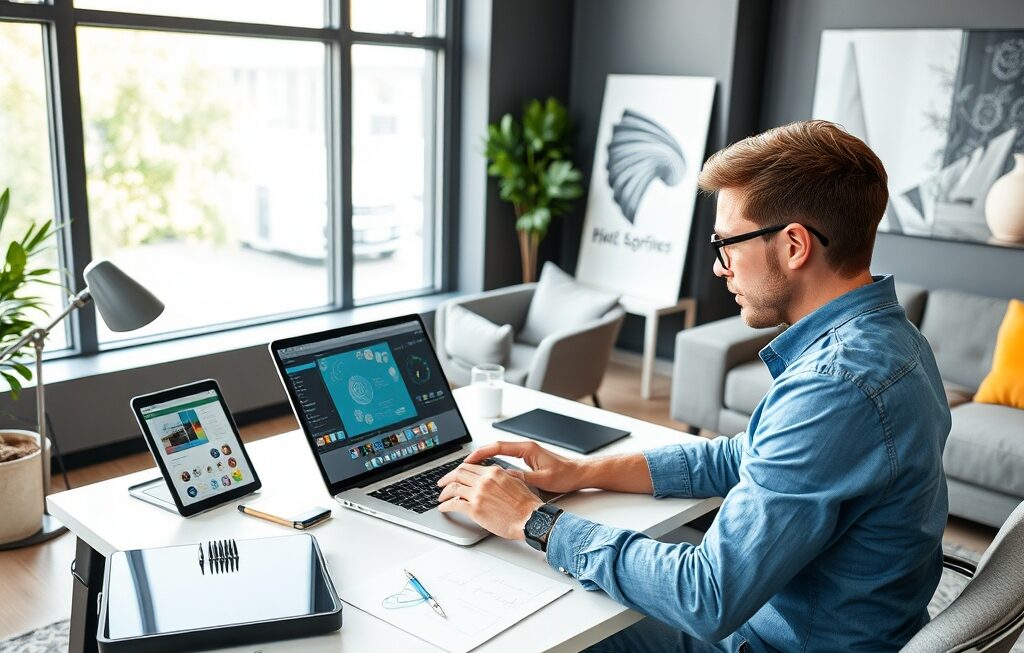 Person creating digital products on a laptop in a modern workspace