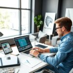 Person creating digital products on a laptop in a modern workspace