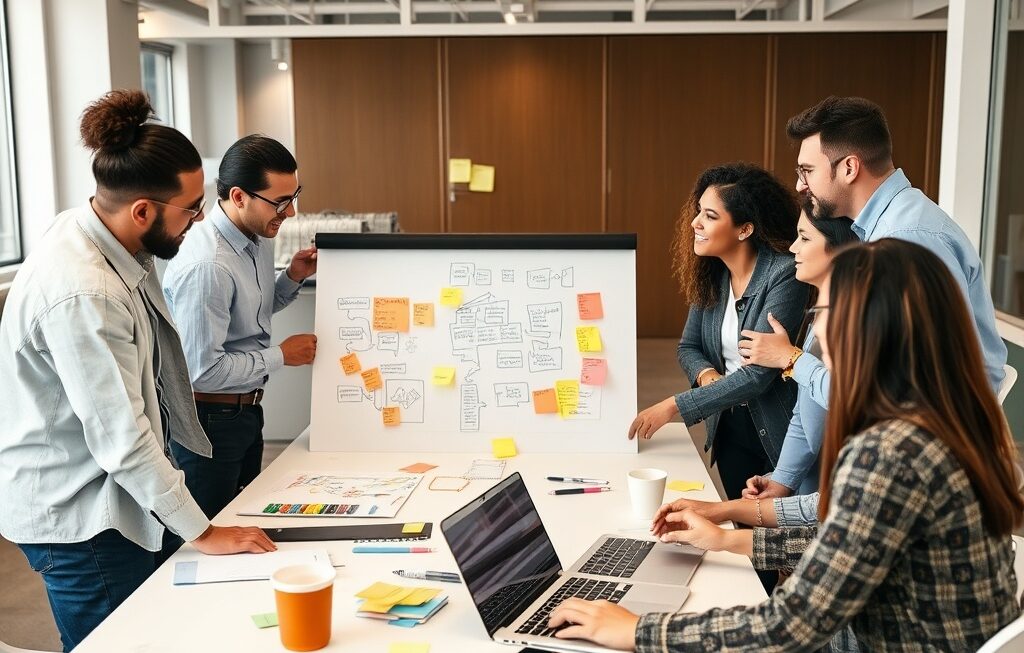 Team brainstorming session with diverse employees creating new ideas on whiteboards