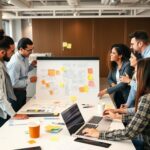 Team brainstorming session with diverse employees creating new ideas on whiteboards